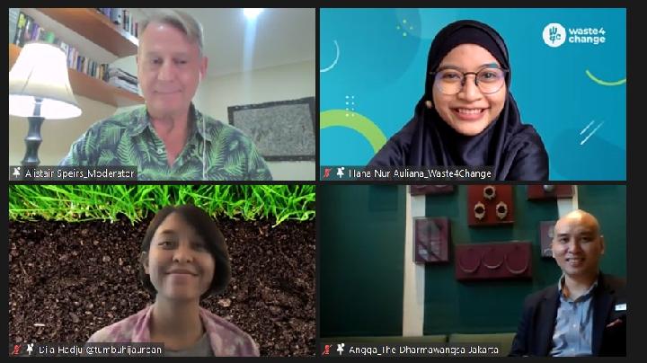 Webinar "Pentingnya Pengelolaan Sampah Bertanggung Jawab di Sektor Perhotelan untuk Mendukung Penerapan Green Hotel di Indonesia" pada Selasa, 22 Maret 2022. Hadir sebagai pembicara, Head of Communication and Engagement Waste4Change, Hana Nur Auliana; Director of Rooms of The Dharmawangsa Jakarta, Angga Karamoy; dan Sustainability Influencer dan Founder Tumbuh Hijau Urban, Dila Hadju. Dok. Waste4Change