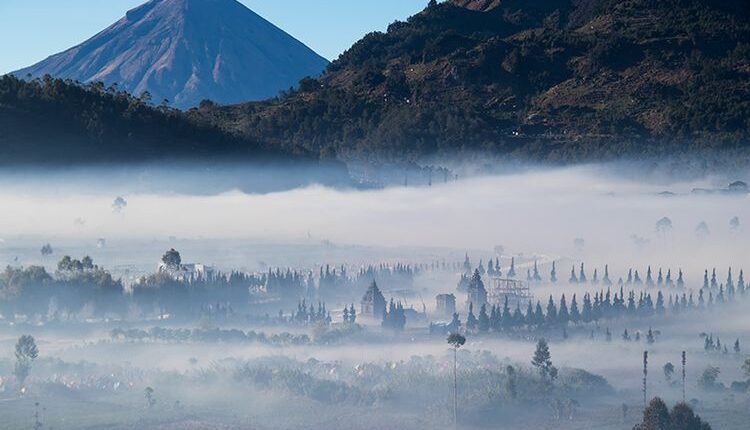 Kawasan Candi Arjuna Dieng yang berselimut kabut pada Pagi Hari.(KOMPAS.com/ANGGARA WIKAN PRASETYA)