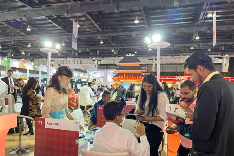 Situasi kegiatan Kementerian Pariwisata dan Ekonomi Kreatif saat mengikuti bursa pariwisata South Asia's Travel and Tourism Exchange (SATTE) 2022 di India Expo Mart, Greater Noida, New Delhi, India, Rabu (18/5/2022)