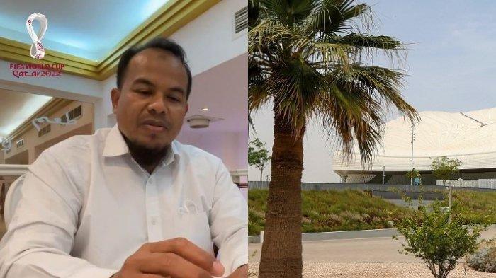 Saprudin Bastomi (kiri) dan pemandangan Stadion al-Janoub (kanan)- Petani asal Indonesia terlibat dalam mengurusi taman hingga rumput di stadion Piala Dunia 2022 Qatar. (Kolase Tribunnews (Tribunnews.com/Eko Priyono dan AFP))
