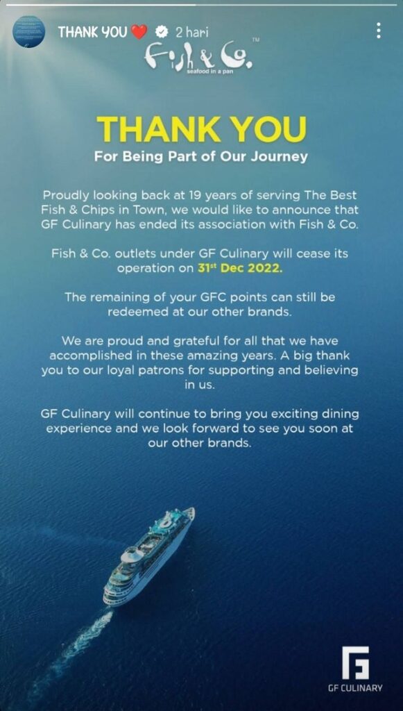 Restoran seafood Fish and Co umumkan tutup seluruh gerai di Indonesia (20/12/2022). Foto: Instagram/@fishncoindo