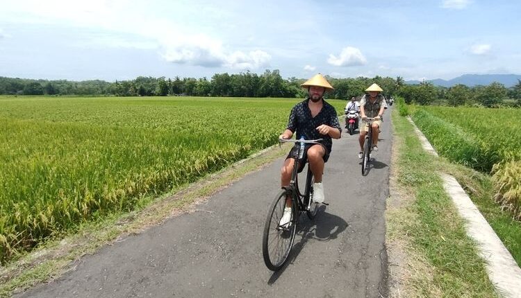 ATF 2023 - - Post tour ASEAN Tourism Forum (ATF) 2023 sampai pada penghujung di Kalurahan Banguncipto, Kapanewon Sentolo, Kabupaten Kulon Progo, Daerah Istimewa Yogyakarta. Peserta dari beberapa negara menikmati bersepeda lewat pinggir irigasi, pinggiran sawah hingga masuk rumah penduduk desa yang produksi kerajinan.(KOMPAS.COM/DANI JULIUS)