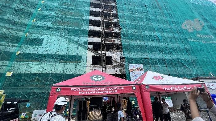 Saat ini, progres pembangunan revitalisasi hotel GIBB mencapai 40,724 persen dan ditargetkan rampung 4 Agustus 2023. Dengan rata-rata tenaga kerja sebanyak 921 Orang. Tribun Bali/Arini Valentya Chusni