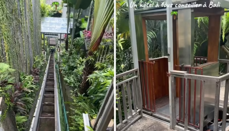 Screengrabs of the lift at Ayuterra Resort in Ubud. (Images: TikTok/sonyasoso7)