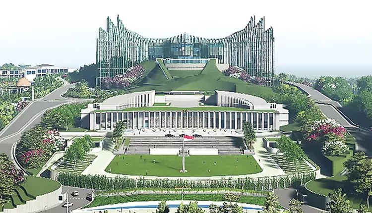 RAMAH LINGKUNGAN: Ilustrasi desain kantor istana kepresidenan yang akan dibangun di ibu kota negara (IKN) di Kalimantan Timur. Tahapan pembangunan rencana dimulai tahun ini. (NYOMAN NUARTA/AFP)