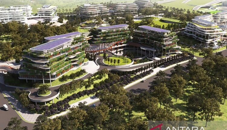 Desain bangunan Gedung dan Kawasan Kantor Kementerian Koordinator Bidang Perekonomian di IKN Nusantara. ANTARA/HO-Hutama Karya/aa.