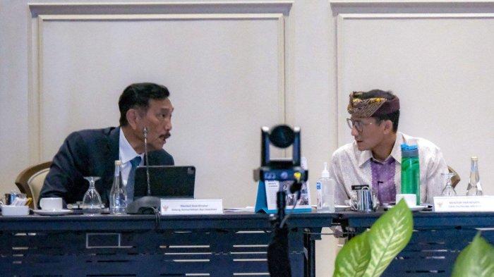 Menteri Pariwisata dan Ekonomi Kreatif (Menparekraf) Sandiaga Salahuddin Uno dan Menteri Koordiantor Bidang Kemaritiman dan Investasi (Menko Marves), Luhut B. Pandjaitan di Rakor Panitia Nasional World Water Forum ke-10 Tahun 2024 di Bali International Convention Center, Sabtu 20 April 2024