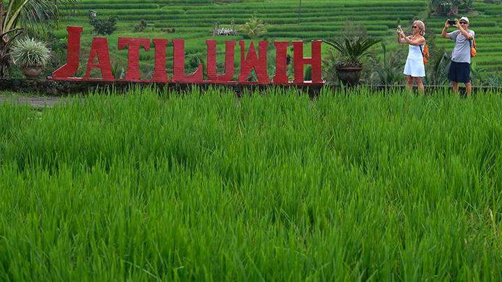 Sejumlah wisatawan mancanegara menikmati suasana saat liburan di Daya Tarik Wisata (DTW) Jatiluwih, Tabanan, Bali, Jumat 12 April 2024. Objek wisata tersebut menjadi salah satu lokasi kunjungan delegasi World Water Forum (WWF) pada 18-25 Mei dan saat ini masih dalam persiapan pembenahan infrastruktur yang sudah mencapai 70 persen. ANTARA FOTO/Nyoman Hendra Wibowo