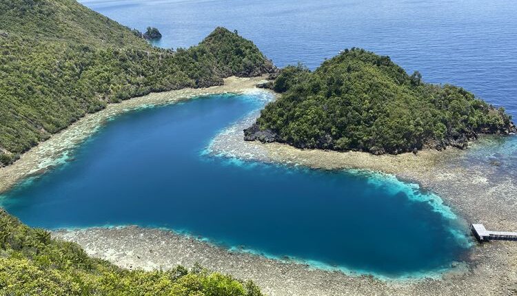 Danau Cinta (Love Lake) tampak dari puncak bukit di Pulau Karawapop, Raja Ampat, Papua Barat Daya, Sabtu (21/10/2023).(KOMPAS.COM/ FARID ASSIFA)