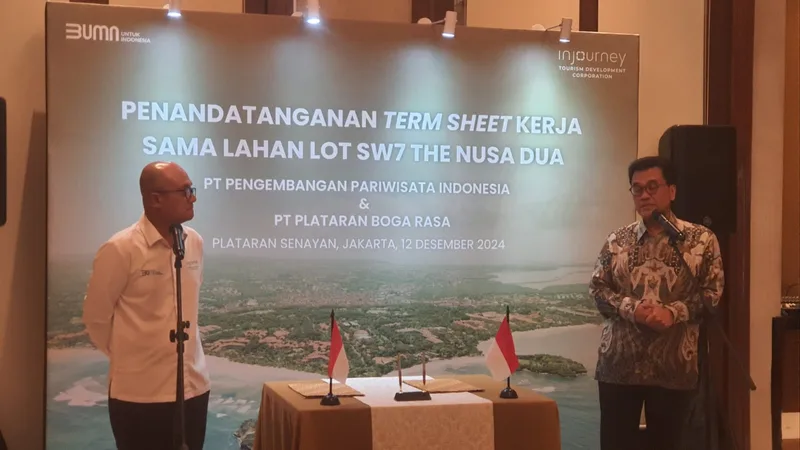  Direktur Utama ITDC Ari Respati (kiri) dalam penandatanganan perjanjian awal (term sheet) kerja sama dengan PT Plataran Boga Rasa untuk pengembangan lahan Lot SW7 di kawasan The Nusa Dua, Bali.(MI/Insi Nantika Jelita)